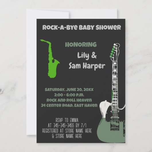 Rock a bye Guitar Rock Star Baby shower Invitation Kaart (Voorkant)