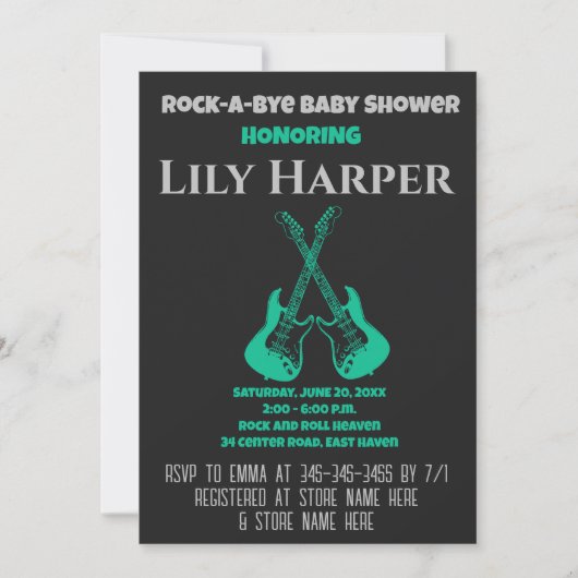 Rock a bye Guitar Rock Star Baby shower Invitation Kaart (Voorkant)