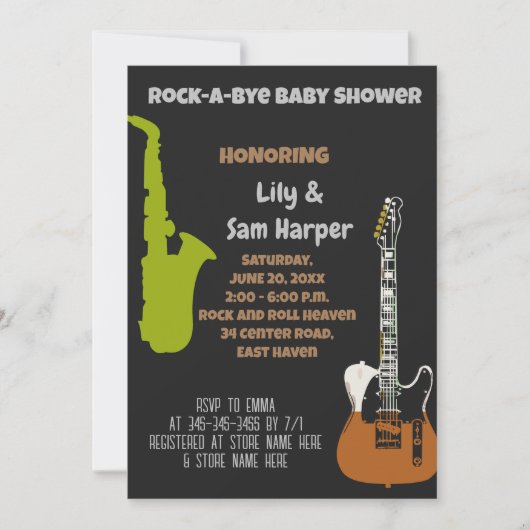 Rock a bye Guitar Rock Star Baby shower Invitation Kaart (Voorkant)