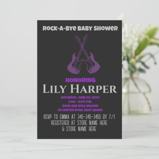 Rock a bye Guitar Rock Star Baby shower Invitation Kaart (Staand voorkant)
