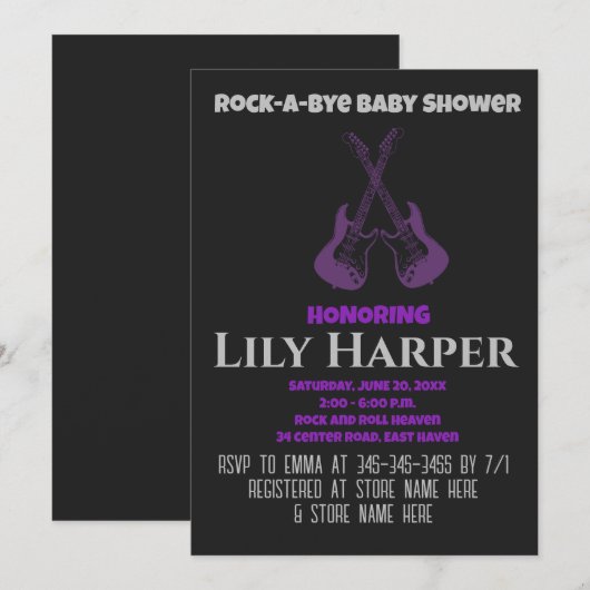 Rock a bye Guitar Rock Star Baby shower Invitation Kaart (Voorkant / Achterkant)