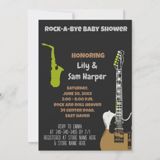 Rock a bye Guitar Rock Star Baby shower Invitation Kaart (Voorkant)