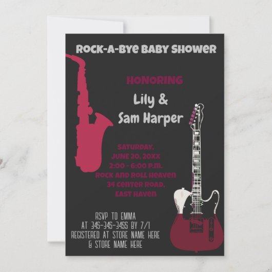 Rock a bye Guitar Rock Star Baby shower Invitation Kaart (Voorkant)