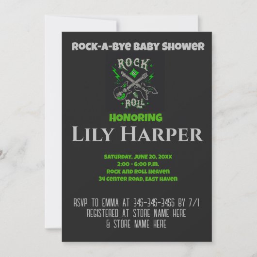 Rock a bye Guitar Rock Star Baby shower Invitation Kaart (Voorkant)