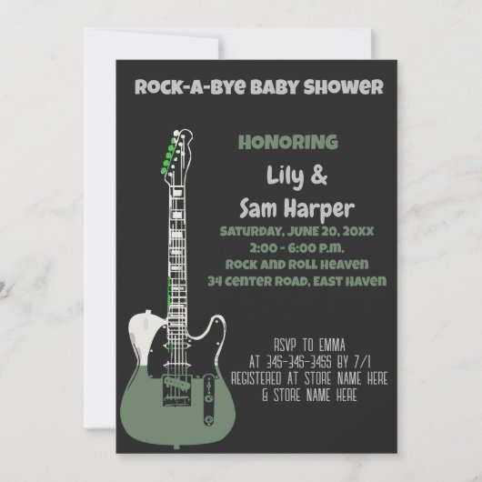 Rock a bye Guitar Rock Star Baby shower Invitation Kaart (Voorkant)