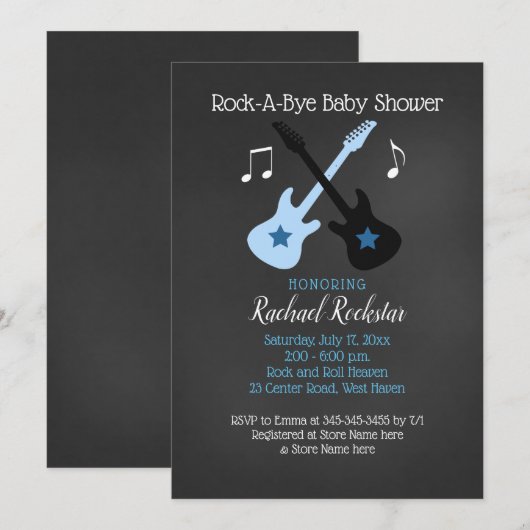 Rock a bye Guitar Rock Star Baby shower Invitation Kaart (Voorkant / Achterkant)