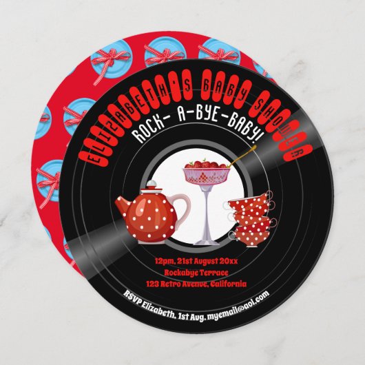 Rock-A-Dag-Baby shower Retro Record Tea Party Red Kaart (Voorkant / Achterkant)