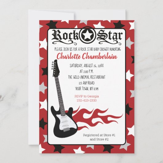 Rock a Dag Red Rock Star Guitar Baby shower Kaart (Voorkant)