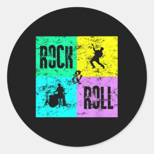 Rock &amp; Roll Music  Retro 80s Drums Guit Ronde Sticker