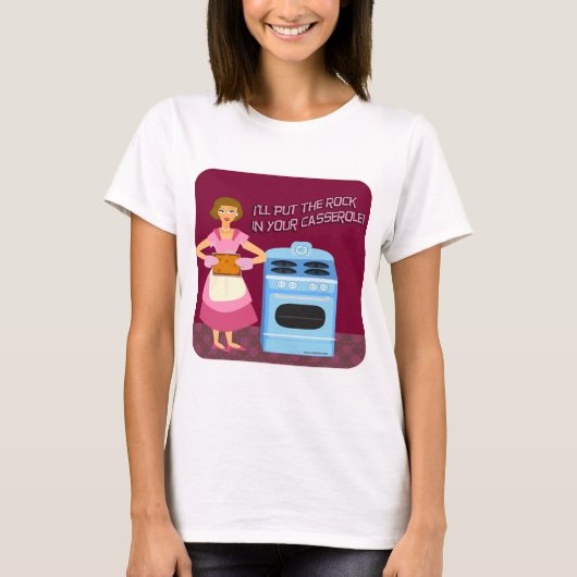 Rock and Casserole Cartoon Huisvrouw Karakter T-shirt (Voorkant)