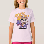 "ROCK AND RAWR!" Cat on Dinosaur with Guitar T-shirt (Voorkant)