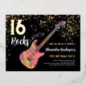 Rock and Roll 16e verjaardagsfeest Pink Black Gold Folie Uitnodiging Briefkaart (Voorkant)