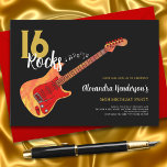 Rock and Roll 16e verjaardagsfeestje 16 rotsen Kaart<br><div class="desc">16 Rocks 16e verjaardag uitnodigingen met een coole elektrische gitaar met Fire flame patroon en rode pick guard gitaar kunst en muzikale noten illustratie met gepersonaliseerde zwart en goud moderne kalligrafie typografie. Deze eenvoudig te gebruiken sjabloon creëer is de perfecte persoonlijke uitnodiging om zestien in rock n roll-stijl te vieren...</div>