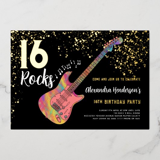 Rock and Roll 16e verjaardagsfeestje Folie Uitnodiging (Voorkant)