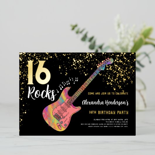 Rock and Roll 16e verjaardagsfeestje Folie Uitnodiging (Staand Voorkant)