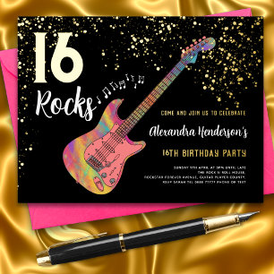Rock and Roll 16e Verjaardagsfeestje Roze Zwart Go Folie Uitnodiging Briefkaart