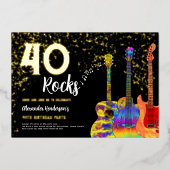 Rock and Roll 40e verjaardagsfeest zwart en goud Folie Uitnodiging (Voorkant)