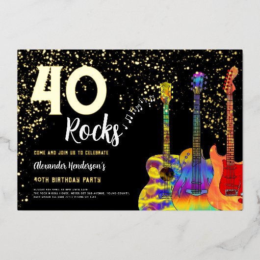 Rock and Roll 40e verjaardagsfeest zwart en goud Folie Uitnodiging (Voorkant)