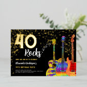 Rock and Roll 40e verjaardagsfeest zwart en goud Folie Uitnodiging (Staand Voorkant)