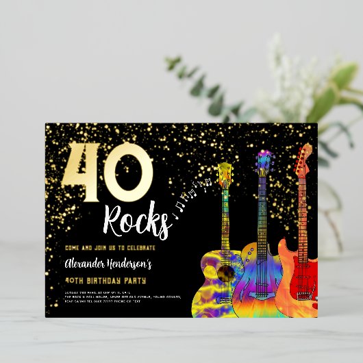 Rock and Roll 40e verjaardagsfeest zwart en goud Folie Uitnodiging (Staand Voorkant)