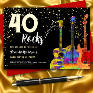 Rock and Roll 40ste Verjaardagsfeest Zwart en Goud Folie Uitnodiging