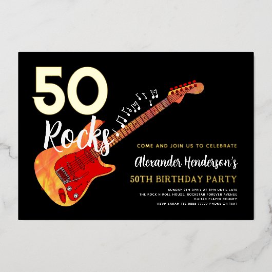 Rock and Roll 50e verjaardagsfeestje Goud Folie Uitnodiging (Voorkant)