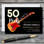 Rock and Roll 50e verjaardagsfeestje Goud Folie Uitnodiging<br><div class="desc">Cool rock and roll 50th birthday party gouden folie en zwarte uitnodiging voor hem want 50 Rocks en zo ook uw rockster man, vriend, vader of vriend die is het vieren van zijn vijftig mijlpaal verjaardag. Muzikanten, gitaristen en live muziekliefhebbers zullen dol zijn op dit trendy muzikale thema. Flame elektrische...</div>