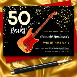 Rock and Roll 50ste Verjaardagsfeest Gouden Glitte Folie Uitnodiging