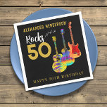 Rock and Roll 50ste verjaardagsfeestje Servet<br><div class="desc">Rock and roll 50e verjaardagsfeestje servetten met drie coole funky gitaren cool Gold typografie op een zwarte achtergrond. 50 stenen voor je rockstar man, vader, broer, vriend of partner met elektrische gitaar met Fire vlampatroon en rode pick guard, veelkleurige semi-akoestische gitaar en psychedelische klassieke akoestische gitaar. Gemakkelijk te gebruiken gepersonaliseerde...</div>