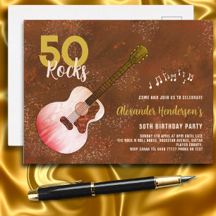 Rock and Roll 50th Birthday Guitar Rustic Uitnodiging Briefkaart