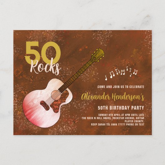 Rock and Roll 50th Birthday Guitar Rustic Uitnodiging Briefkaart (Voorkant)