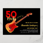 Rock and Roll 50th Birthday Party Black Gold Folie Uitnodiging (Voorkant)