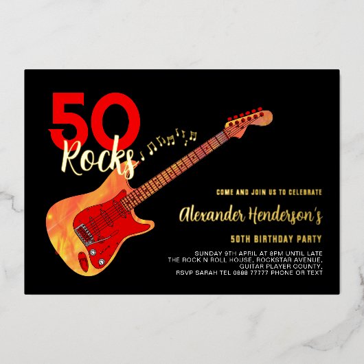 Rock and Roll 50th Birthday Party Black Gold Folie Uitnodiging (Voorkant)