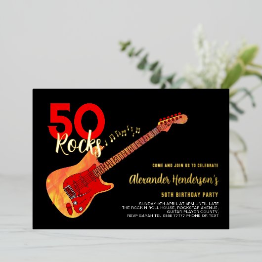 Rock and Roll 50th Birthday Party Black Gold Folie Uitnodiging (Staand Voorkant)