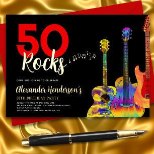 Rock and Roll 50th Birthday Party Black Gold Folie Uitnodiging