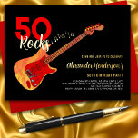 Rock and Roll 50th Birthday Party Black Gold Folie Uitnodiging Briefkaart<br><div class="desc">50 Rocks 50ste verjaardagsfeest uitnodigingen met rotselektrische gitaar in Fire-vlam-patroon en illustratie van de rode zonnepanelen met gepersonaliseerde rode witte en gouden moderne coole typografie op een zwarte achtergrond. Deze gebruiksvriendelijke sjabloon creëer is de perfecte uitnodiging om vijftig in rock n roll-stijl te vieren en is ideaal voor gitaristen, muzikanten...</div>