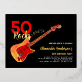 Rock and Roll 50th Birthday Party Black Gold Folie Uitnodiging Briefkaart (Voorkant)