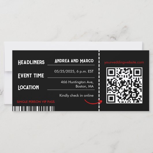 Rock and Roll Bruiloft Boarding Pass uitnodiging (Achterkant)