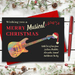 Rock and Roll Christmas Guitar Wearing a Santa Hat Feestdagenkaart<br><div class="desc">Breng een aantal feestelijke gitaarmuziek juichen naar het kerstseizoen met deze leuke vrolijke muzikale kerst moderne coole vakantie kaart. Grappige hand getekende kleurrijke funky psychedelische elektrische gitaar met een kerstmuzieknoten en typografie script allemaal gemakkelijk te personaliseren met de sjabloon. Ideaal voor muziekliefhebbende families om seizoenen te versturen en groeten voor...</div>