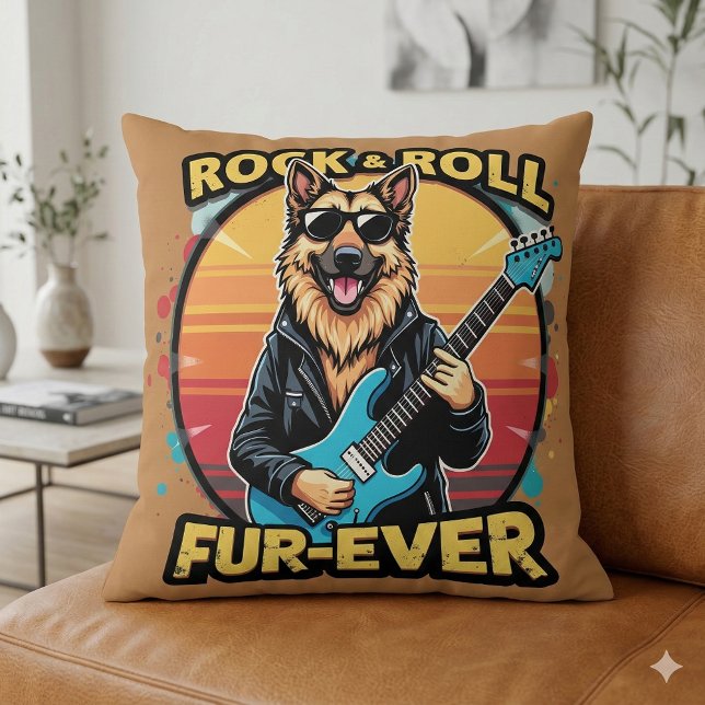 Rock and Roll Duitse Herder Retro Sunset Art Kussen (Rock and Roll German Shepherd Retro Sunset Art Throw Pillow Mockup A)