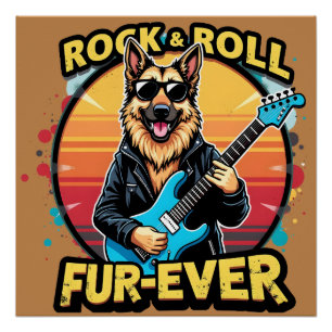 Rock and Roll Duitse Herder Retro Zonsondergang Ku Perfect Poster