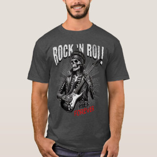 Rock and Roll Forever Skeleton Playing Guitar Punk T-shirt