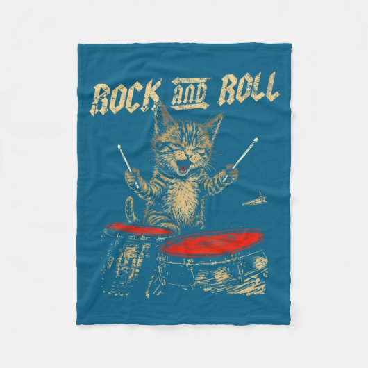 Rock And Roll Funny Cat Playing Drum For Men Women Fleece Deken (Voorkant)