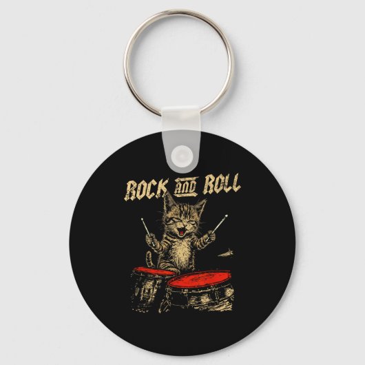 Rock And Roll Funny Cat Playing Drum For Men Women Sleutelhanger (Voorkant)