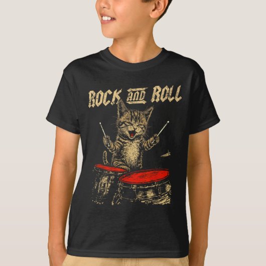Rock And Roll Funny Cat Playing Drum For Men Women T-shirt (Voorkant)