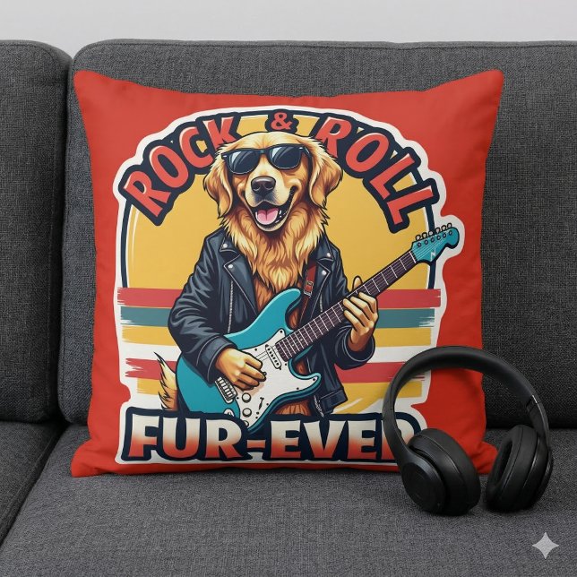 Rock and Roll Fur-Ever Goud Retriever Hond  Kussen (Rock and Roll Fur-Ever Golden Retriever Dog Throw Pillow On Sofa)