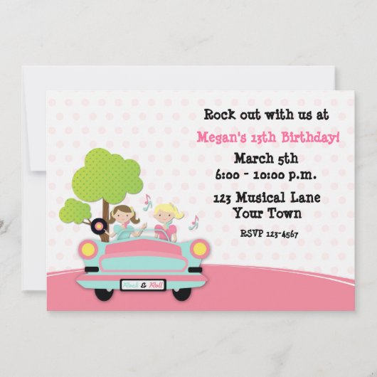Rock and Roll Girls Birthday Invitation Kaart (Voorkant)