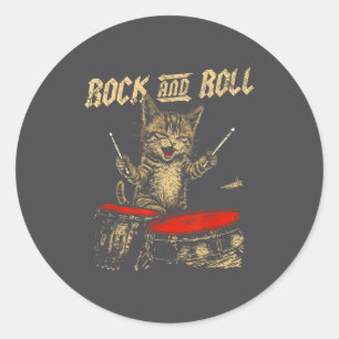 Rock And Roll Grappige Kat Drum Speelt Voor Mannen Ronde Sticker