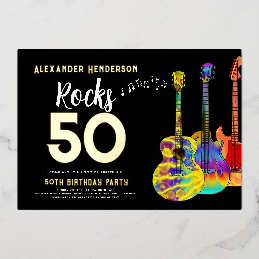 Rock and Roll Guitar 50th Birthday Gold Folie Uitnodiging (Voorkant)