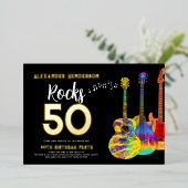 Rock and Roll Guitar 50th Birthday Gold Folie Uitnodiging (Staand Voorkant)